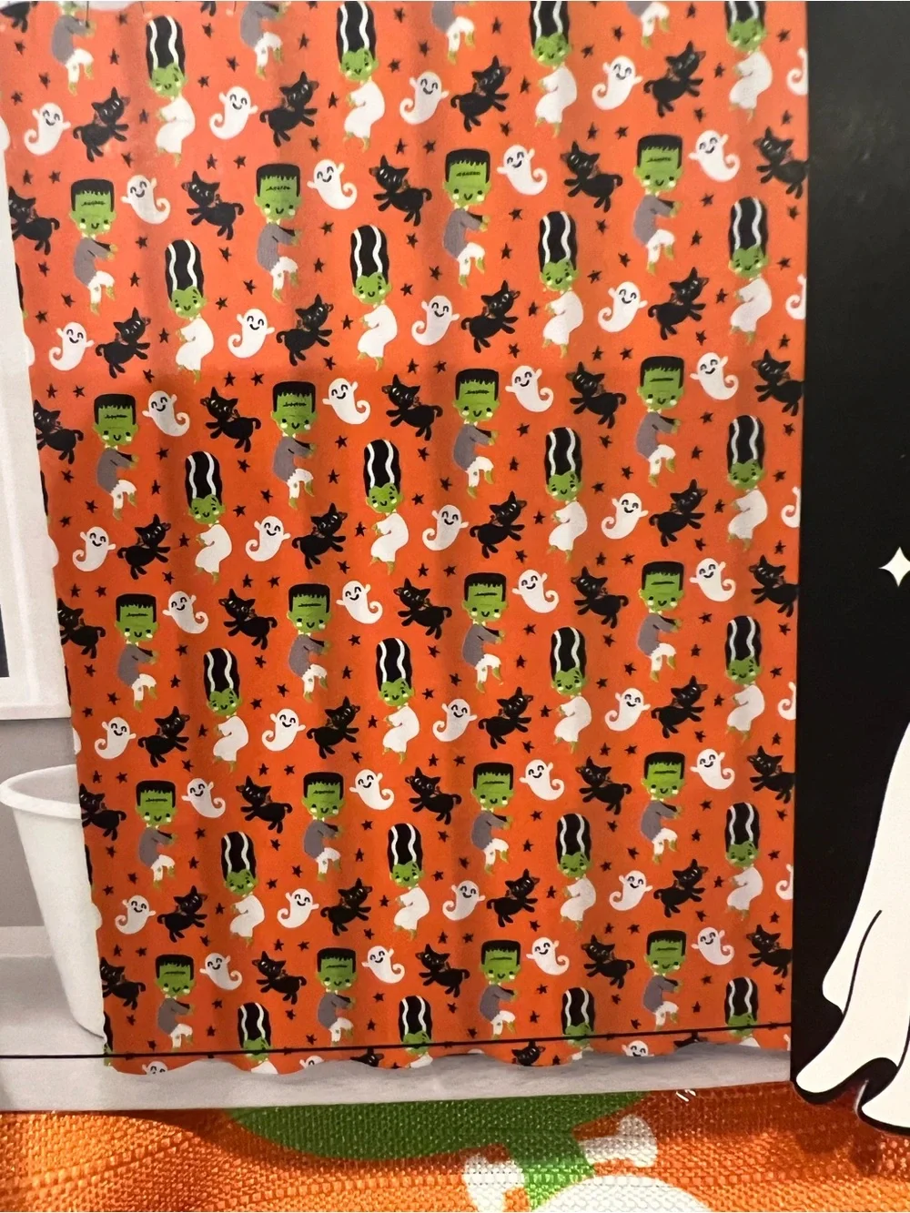 Halloween Shower Curtain - Orange Ghost & Monster Print